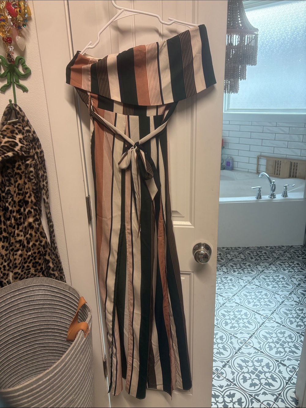 Luxxel Striped Off-Shoulder Jumpsuit in Black, Cream & Brown